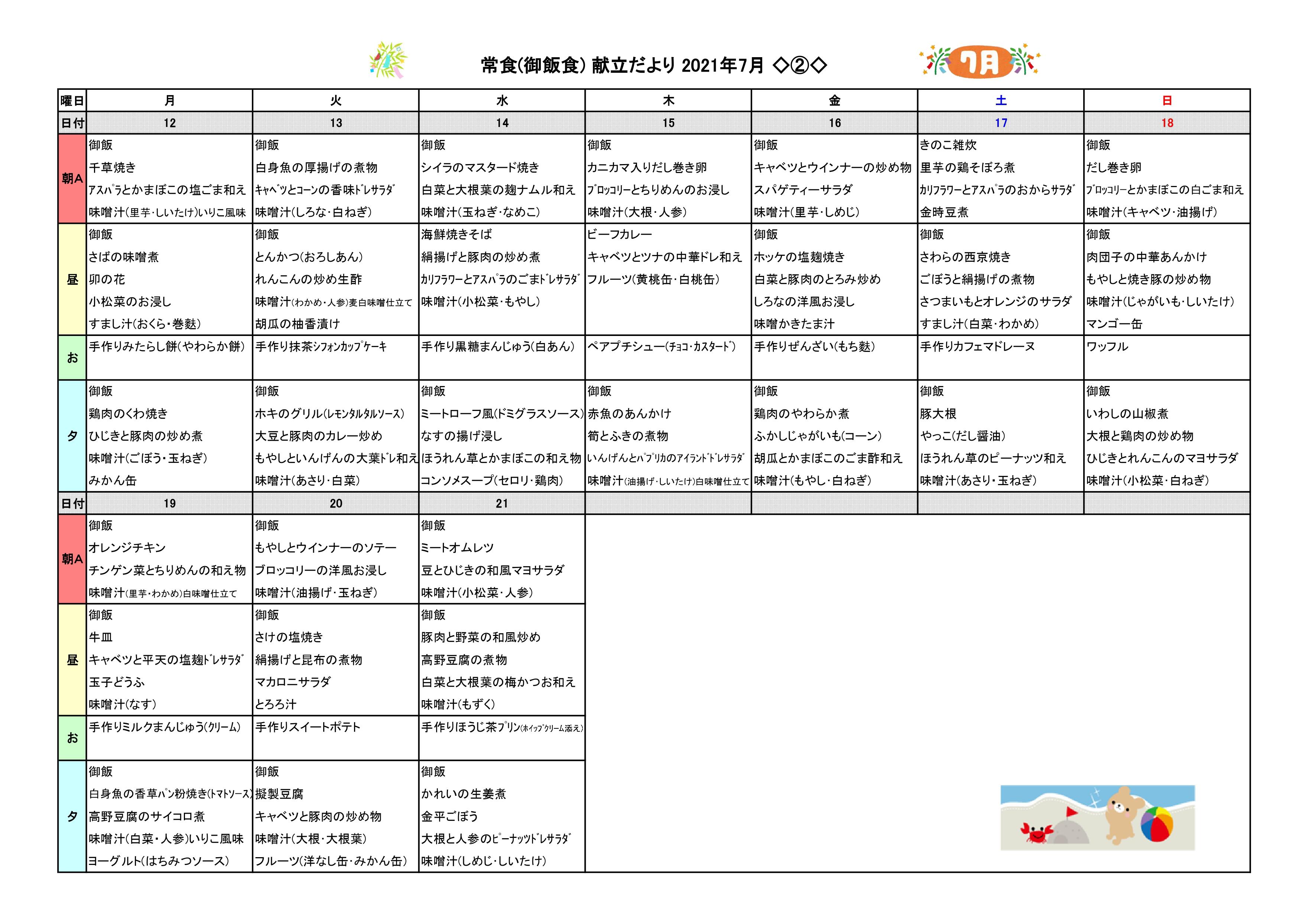 ２０２１年７月　献立だより