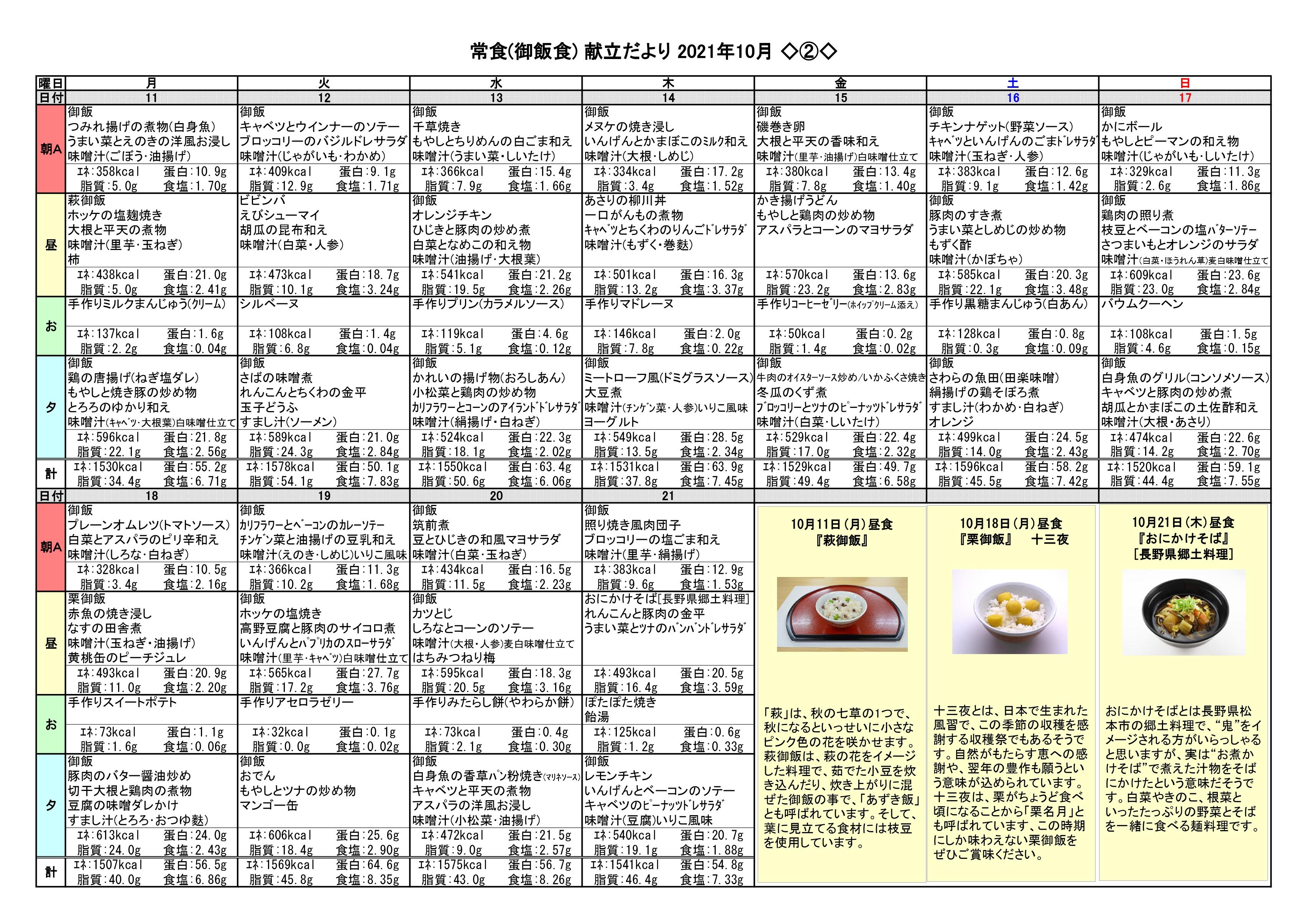 献立だより　2０２１年１０月